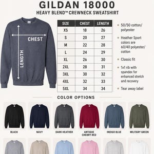 Gildan 18000 crewneck sweatshirt color options and size chart.