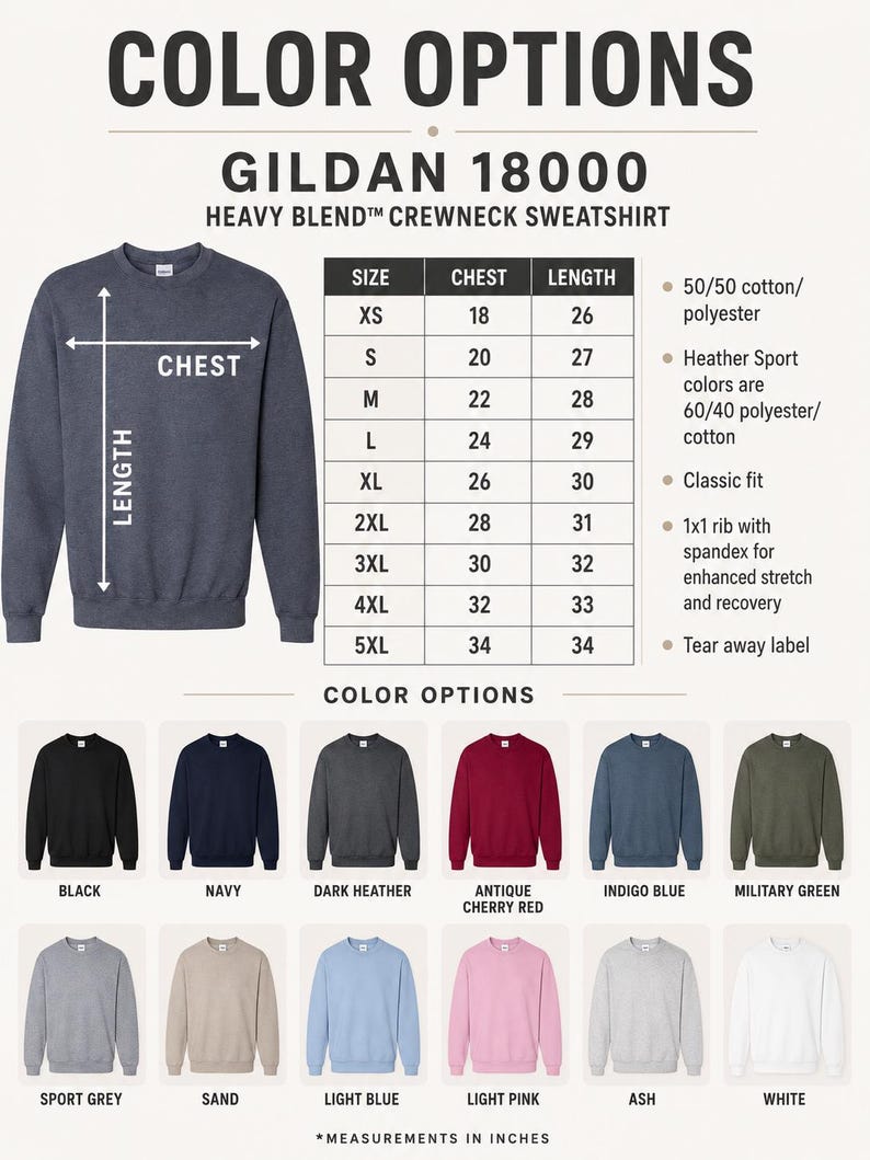 Gildan 18000 crewneck sweatshirt color options and size chart.