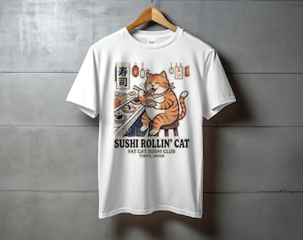 Camiseta Sushi Rollin' Cat, Fat Cat Sushi Club Tokio Japón, Sudadera vintage japonesa de cuello redondo, Sudadera con capucha kawaii adorable