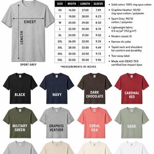 Gildan 64000 t-shirt color options and sizing chart.
