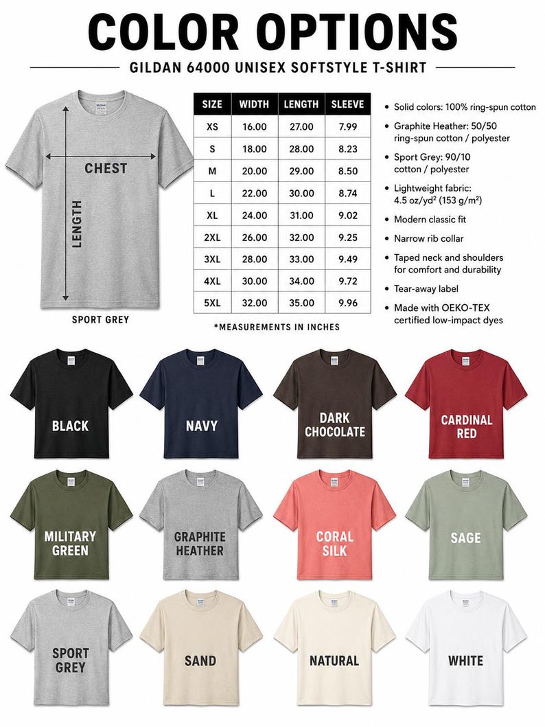 Gildan 64000 t-shirt color options and sizing chart.