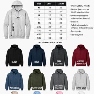 Gildan 18500 hooded sweatshirt color options with size chart and fabric details.