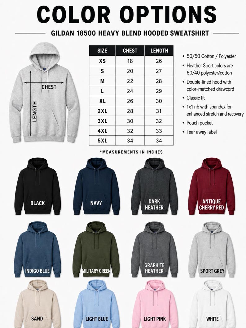 Gildan 18500 hooded sweatshirt color options with size chart and fabric details.