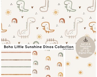 Gender Neutral Dinosaur Seamless Pattern, You Are My Sunshine Nursery Fabric Print & Wallpaper | Boho Digital Papers