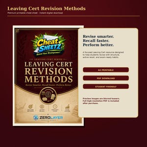 Peut inclure: Un guide d'étude numérique intitulé Leaving Cert Revision Methods avec un fond rouge foncé et du texte crème. Le graphique présente le texte Cheat Sheetz, Boost Your Brainpower, et des icônes pour la révision, le rappel et le succès.