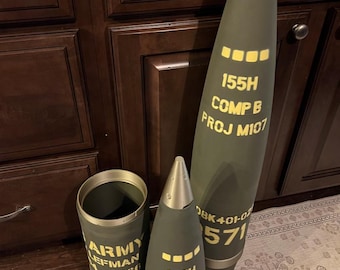 3D Printed Artillery M107 Round Replica, Stenciled Markings, Hidden Compartment,  Approximately 3ft tall.