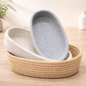Handwoven Jute Cotton Oval Storage Baskets, Set of 3, Multicolor Organization Hampers