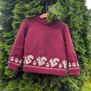May include: A deep burgundy long-sleeve knit sweater featuring a crew neckline and ribbed cuffs. The lower section of the garment displays a repeating pattern of light beige squirrels and acorns, finished with a ribbed hem at the bottom.