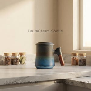 Japanischer Keramik-Teebecher, Teesiebbecher für losen Tee mit Holzgriff, hohe Teetasse, japanischer Teebecher, Keramik-Teebereiter
