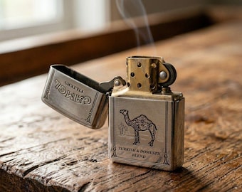 Vintage Brass Camel Lighter, Engraved Turkish Blend Metal Lighter, Retro Collectible Petrol Lighter, Handmade Antique Style Gift for Smokers