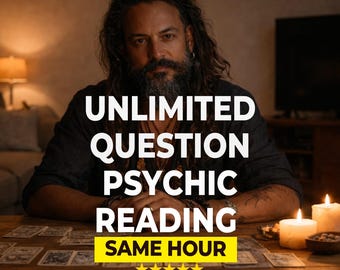 Puede incluir: Imagen de un hombre con pelo largo y barba, sentado en una mesa con cartas del tarot. El texto dice "UNLIMITED QUESTION PSYCHIC READING SAME HOUR" con una calificación de 5.0. Velas encendidas crean un ambiente cálido.