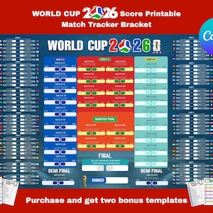 May include: A World Cup 2026 printable match tracker bracket featuring a blue, red, and light blue layout with team flags, group stages, round of 32, round of 16, quarter final, semi final, and final sections, including the text World Cup 2026.