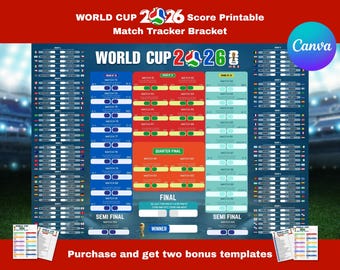 Könnte beinhalten: Ein druckbarer Spielplan für die Weltmeisterschaft 2026 mit einem Layout in Blau, Rot und Hellblau, inklusive Länderflaggen, Gruppenphasen, Achtelfinale, Viertelfinale, Halbfinale und Finale sowie dem Text World Cup 2026.