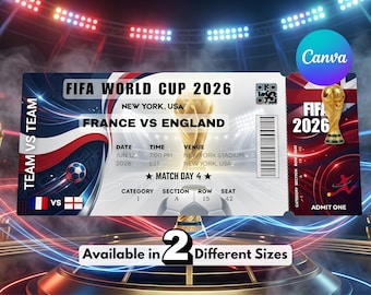 Könnte beinhalten: Ein rechteckiges FIFA Fussball-Weltmeisterschaft 2026 Ticket für Frankreich gegen England in New York, USA. Das Ticket zeigt das Turnierlogo, eine goldene Trophäe, einen Barcode, einen QR-Code sowie Spieldetails wie Datum, Uhrzeit, Ort, Kategorie, Sektor, Reihe und Sitzplatz.