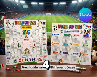 Utskrivbar tracker för barn i fotboll 2026, helt redigerbar tabell för fotbollsturneringar, matchschema för väggposter i PDF-format med Canva-motiv