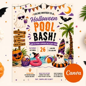 Könnte beinhalten: Ein Halloween-Poolparty-Einladungsflyer mit einem Geist mit Sonnenbrille, einem Kürbis, einem Flamingo-Schwimmring und einer Palme. Der Text lautet: You're invited to a Halloween Pool Bash, join us for a spooktacular time, Saturday October 26, 2:00 PM to 6:00 PM, Splash Pool 456 800 Boulevard, Salem, MA 01970, RSVP to Marissa.
