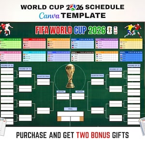 May include: A digital World Cup 2026 schedule Canva template featuring a green football pitch background, group stage tables, a tournament bracket, and a central gold trophy illustration. The text reads World Cup 2026 Schedule Canva Template.