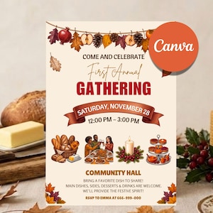 May include: A cream-colored event flyer titled Come and Celebrate First Annual Gathering on Saturday, November 28, 12:00 PM – 3:00 PM at Community Hall. It features autumn leaf garlands, illustrations of food, people dining, and RSVP details at 666-999-000.