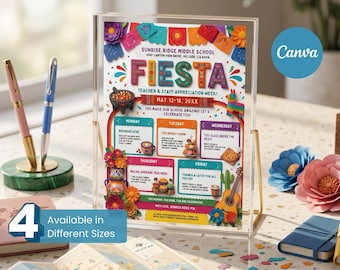 Flygblad för Fiesta-läraruppskattningsveckan, mall för mexikansk resplan, redigerbar Canva-mall, personaluppskattning, utskrivbar, digital nedladdning