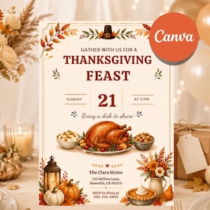 May include: A Thanksgiving feast invitation card featuring a roasted turkey, pumpkin, and autumn foliage illustrations. The text reads: Gather with us for a Thanksgiving feast, Sunday 21 at 5 PM, Bring a dish to share, The Clara Home, 123 Willow Lane, Roseville, CA 90210, RSVP to Olivia at 532-102-4862.