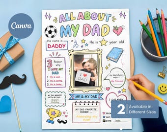 Könnte beinhalten: Ein ausdruckbares All About My Dad Aktivitätsblatt mit bunten, handgezeichneten Illustrationen, darunter ein Fußball, ein Pokal und ein zentraler Fotorahmen. Die Seite enthält Aufforderungen zum Ausfüllen über einen Vater, mit dem Text All About My Dad.