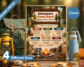 Könnte beinhalten: Eine rechteckige Plakatvorlage mit dem Titel Adventure Camp Days, die einen Wochenplan mit Illustrationen von Lagerfeuer, Zelt, Kiefern und Campingausrüstung zeigt. Das Design enthält Text für Aktivitäten von Montag bis Samstag.