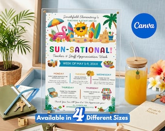 Bearbeitbares Strandthema Lehrer- und Mitarbeiter Wertschätzung Sunsational Reiseplan Flyer Canva Vorlage druckbar, Canva bearbeitbar, Sunsational, Sommer