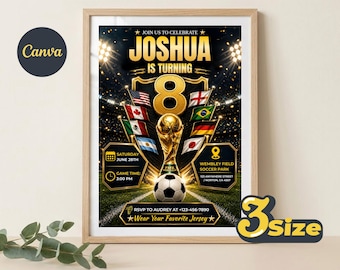 Könnte beinhalten: Eine gerahmte Geburtstagseinladung zum Thema Fußball für Joshuas 8. Geburtstag. Das Design zeigt einen goldenen Pokal, einen Fußball und verschiedene Nationalflaggen vor einer Stadionkulisse. Text enthält Datum, Uhrzeit und Ort.