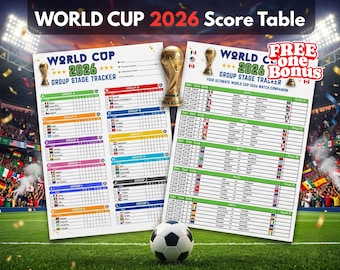 Utskrivbar matchrapport för fotbolls-VM 2026, fotbollsturneringsschema, A4-resultatblad, gruppspelsplanerare, PDF-nedladdning