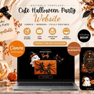 May include: An editable Halloween party website template featuring a laptop and smartphone displaying spooky graphics, including a ghost, a black cat, and an orange envelope. The design includes text such as Cute Halloween Party Website.