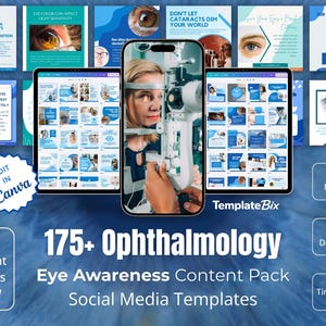 May include: A digital display of social media templates for eye awareness, featuring various designs with text and images related to ophthalmology. The central image shows a woman undergoing an eye exam. Text includes "175+ Ophthalmology" and "Eye Awareness Content Pack."