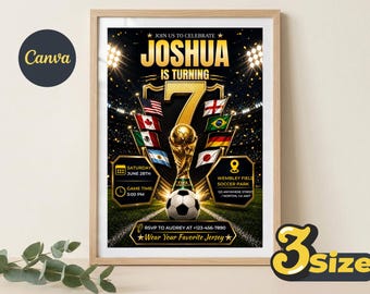 WM Fußball Geburtstagseinladung bearbeitbare Canva Vorlage, Fußball 7. Geburtstagsfeier einladen Download, bedruckbar, Canva bearbeitbar, Flayr