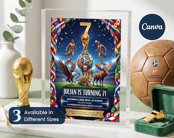 WM Fußball Geburtstagseinladung bearbeitbare Canva Vorlage, WM 2026 Fußball 7. Geburtstagsfeier einladen, druckbare, bearbeitbare Canva