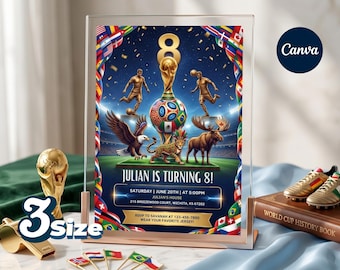 Inbjudan till 8-årsdag i fotboll, klockfestinbjudan, fotbollsfest, inbjudan till fotbolls-VM 2026, redigerbar canvas
