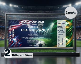 Könnte beinhalten: Ein rechteckiges Ticket für die Weltmeisterschaft 2026 für das Spiel USA gegen Brasilien am 4. Juli 2026 im New Jersey Stadium. Das Design zeigt einen Fußball, Stadionflutlicht und die US-Flagge. Text: Match 08, Sektion 10, Reihe C, Platz 22.