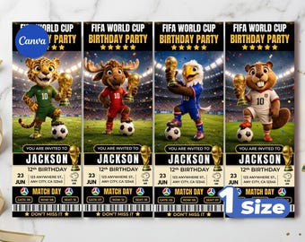 Könnte beinhalten: Vier FIFA World Cup Geburtstagseinladungskarten für Jacksons 12. Geburtstag. Jedes Ticket zeigt ein anderes Tiermaskottchen in Fußballtrikot mit einem Pokal auf einem Spielfeld sowie Veranstaltungsdetails wie Datum, Uhrzeit und Ort.