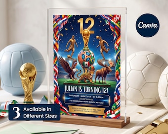 Inbjudan till 12-årsdag i fotboll, inbjudan till visningsfest, fotbollsfest, redigerbar Canvas-mall för fotbolls-VM 2026, digital PDF