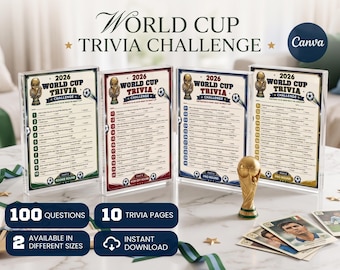 Könnte beinhalten: Vier gedruckte World Cup Trivia Challenge Spielbögen für 2026, jeweils mit einer goldenen Trophäengrafik, einem Fußball und nummerierten Fragen. Eine kleine goldene Trophäennachbildung und mehrere Spielerkarten liegen neben den Spielbögen.