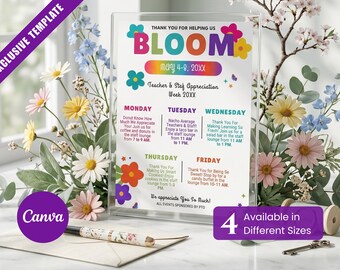 Könnte beinhalten: Ein weißer Flyer in einem durchsichtigen Acrylaufsteller mit der Überschrift BLOOM für die Lehrer- und Personal-Wertschätzungswoche. Er listet tägliche Veranstaltungen mit bunten Blumengrafiken und dem Text We appreciate You So Much auf.