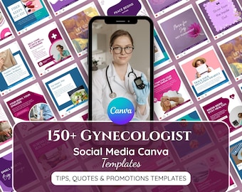Könnte beinhalten: Eine Sammlung von über 150 Canva-Vorlagen für soziale Medien für Gynäkologen mit verschiedenen gesundheitsbezogenen Grafiken, medizinischen Bildern und Texteinblendungen. Die zentrale Anzeige zeigt eine medizinische Fachkraft.