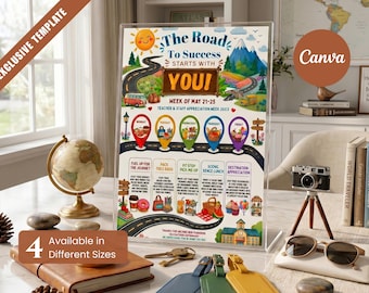 Road Trip Teacher & Staff Appreciation Week Flyer Template, Editable Canva School Poster Printable, Printable Flyer, Canva Template