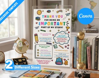 Könnte beinhalten: Ein vertikales rechteckiges Schild in einem klaren Acrylständer mit bunten Illustrationen von Schulmaterialien und dem Text Thank You For Being An Important Part Of My Story, inklusive ausfüllbarer Felder für Lehrer.