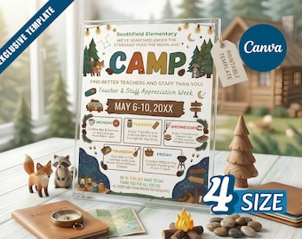 Bearbeitbares Camp-Thema Lehrer- und Personalanerkennungstag Camping Reiseweg Flyer Canva Vorlage Stundenplan Druckbare Canva Bearbeitbare Flyer Vorlage