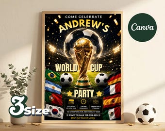 Könnte beinhalten: Ein rechteckiges Poster mit einem goldenen Weltmeisterschaftspokal, Fußbällen und internationalen Flaggen. Der Text lautet: COME CELEBRATE ANDREW'S WORLD CUP PARTY, SATURDAY 20 JUNE 2026, 2.00 PM ONWARDS, GREEN FIELD STADIUM, 123 CHAMPIONS AVE, NEW YORK.