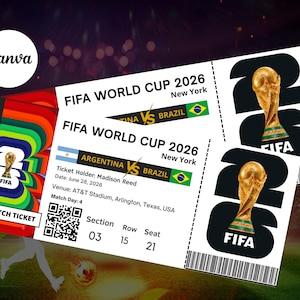 May include: Two FIFA World Cup 2026 match tickets for Argentina versus Brazil in New York. The tickets feature the FIFA trophy, a QR code, and details including the date June 28, 2026, AT&T Stadium, section 03, row 15, and seat 21 for Madison Reed.