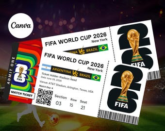 Könnte beinhalten: Zwei FIFA Weltmeisterschaft 2026 Eintrittskarten für Argentinien gegen Brasilien in New York. Die Tickets zeigen den FIFA-Pokal, einen QR-Code und Details wie das Datum 28. Juni 2026, AT&T Stadium, Sektion 03, Reihe 15 und Platz 21 für Madison Reed.