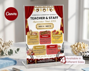 Editable Movie Hollywood Teacher Appreciation Week Itinerary Flyer Canva Template School VIP Red Carpet, Red Carpet, Printable, Canva Edit
