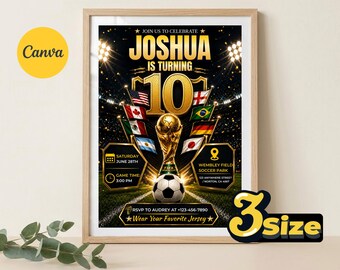 Könnte beinhalten: Eine gerahmte Geburtstagseinladung zum Thema Fußball für Joshuas 10. Geburtstag. Das Design zeigt einen goldenen Pokal, einen Fußball, internationale Flaggen und Stadionflutlichter auf schwarzem Hintergrund mit verschiedenen Textdetails.