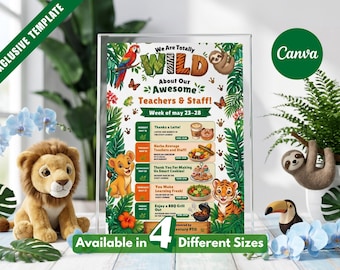 Könnte beinhalten: Eine Vorlage für einen Lehrer-Wertschätzungskalender im Dschungel-Design mit Illustrationen von Papagei, Faultier, Löwe, Tiger und Tukan. Der Text lautet We Are Totally WILD About Our Awesome Teachers & Staff! mit einem Plan vom 23. bis 28. Mai.