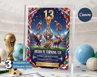 Inbjudan till 13-årsdag i fotbolls-VM, klockfestinbjudan, fotbollsfest, FIFA 2026-festinbjudan, redigerbar canvas, digital PDF